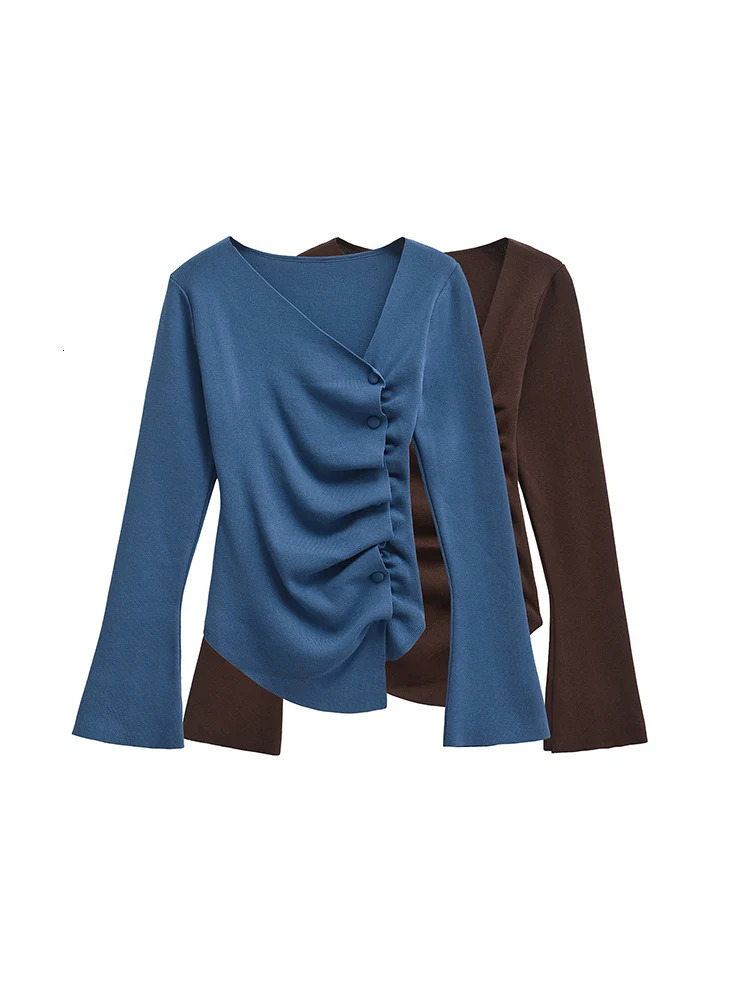 Autumn and Winter Arrivals Womens Asymmetrical Hem Pleated Decorative Sweater Long Sleeve Round Neck Knitted Top 250730