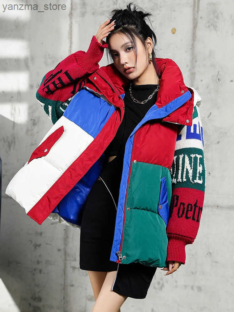 Strtwear Letter Stitching Fashion Down Jacket Womens New Hooded Parka Loose Winter Down Coat Female Thick Casual Warm Clothes L250730