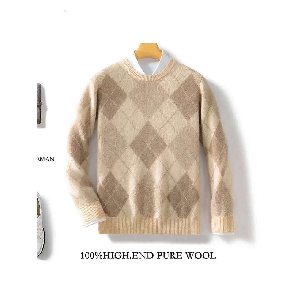 Men's 100% Merino Wool Multicolor Sweater Round Neck Knitted Pullover Cashmere Thickening Tops Long Sleeve Jumpers Autumn Winter MDNG