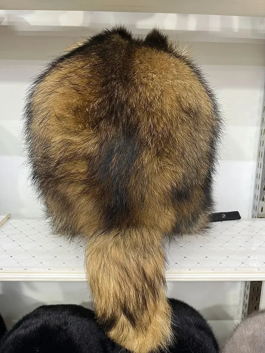 Halloween Outdoor Hat Fur 100% Raccoon Fox Skin Russian Hats Pilot Bombers Full Fur Mens Hat Ushanka Winter Ear Guard Hat 250724