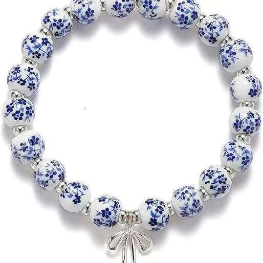 MAMA Other Letters Blue and White Porcelain Gold Beads Elastic Beaded Bracelet