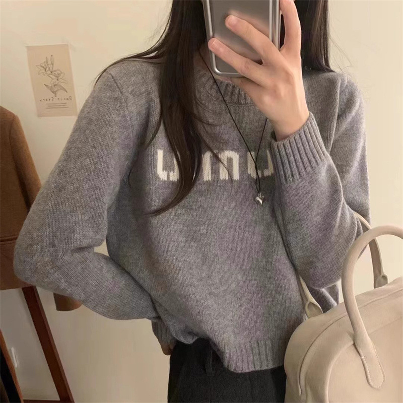 Women's White Crew Neck Knit Top Short-Style Designed with Letter Jacquard Spicy Girl Vibe Inner Sweater Base Layer
