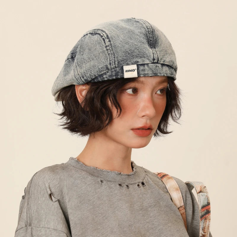 Retro Cowboy Beret Womens Summer Versatile Washed and Used Big Head Circumference Show Small Face Forward Hat 250729