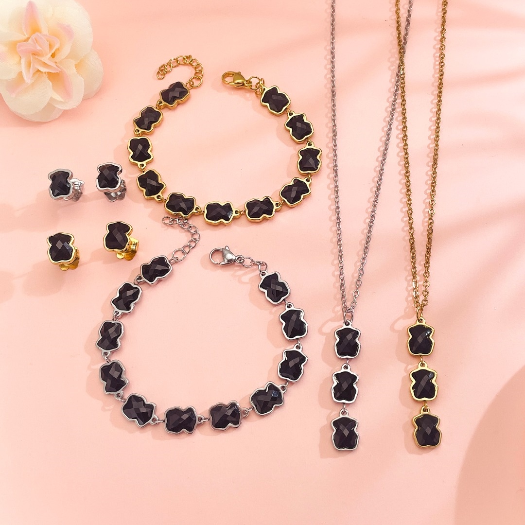 Fashion Women Men Punk Silver Gold Stainless Steel Bear Cartoon Animal Heart Black Glass Bracelet Pendant Necklace Earrings Sets Jewelry Gift