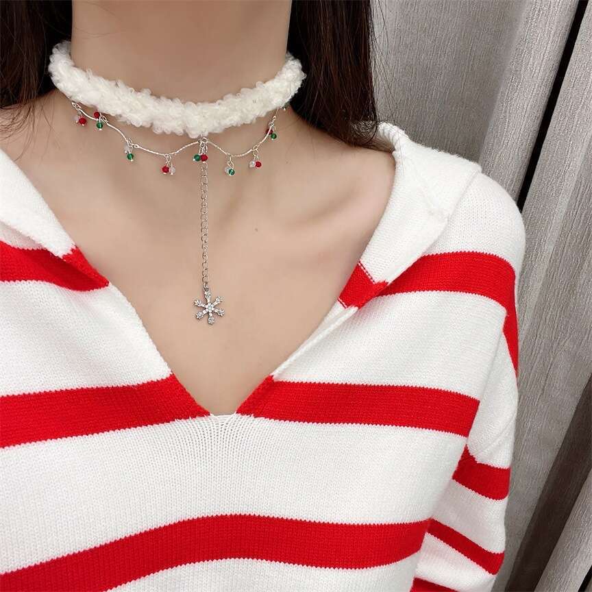 New Year Bowknot Plush Flower Snowflake Necklace Autumn Winter Atmosphere Choker Design Sense Light Temperament Collarbone Chain for Women fbc
