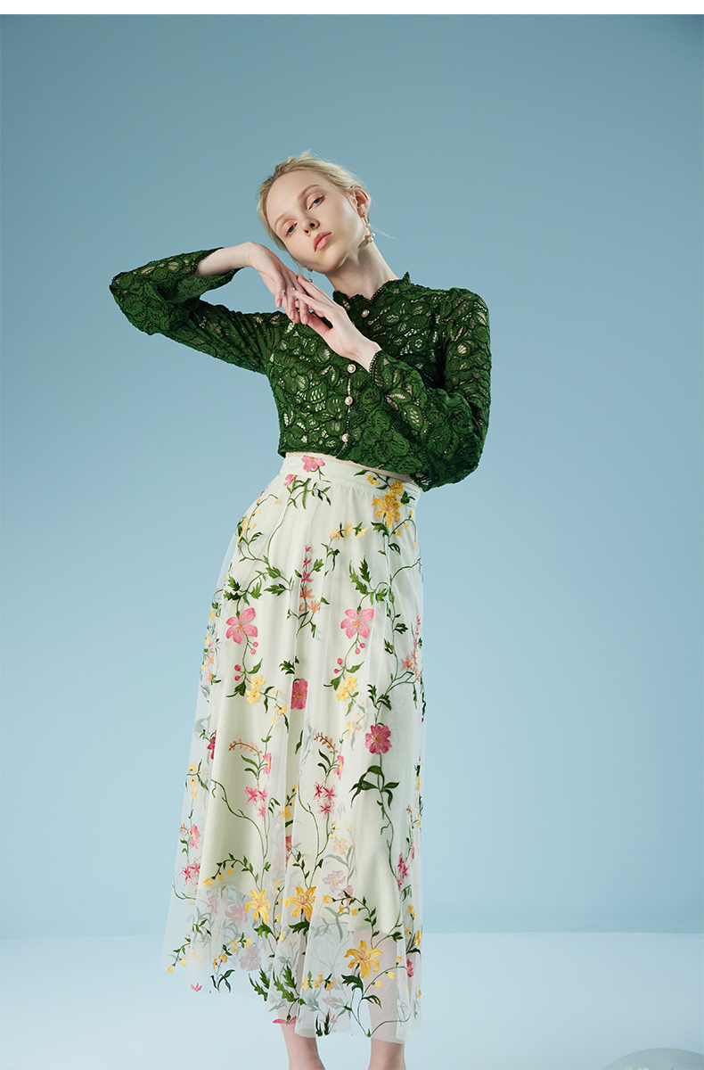 2025 Green Lace Long Flare Sleeves Floral Mesh Short Jackets Going Out Tops for Women Fashion Fall Evening Wear Stand Collar Lace Women Outfits 611229