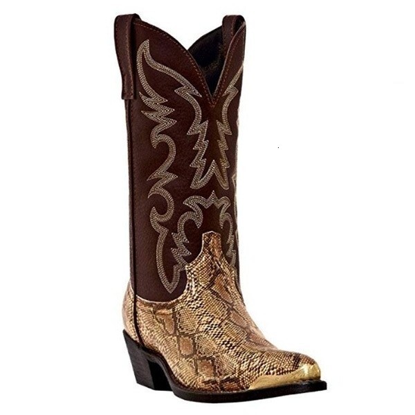 Western Cowboy Boots Waxed Leather Pointed High Heels Leather Embroidery Patchwork High Boot Knight Chelsea Snake Pattern Patchwork Gold Silver Toe Ho