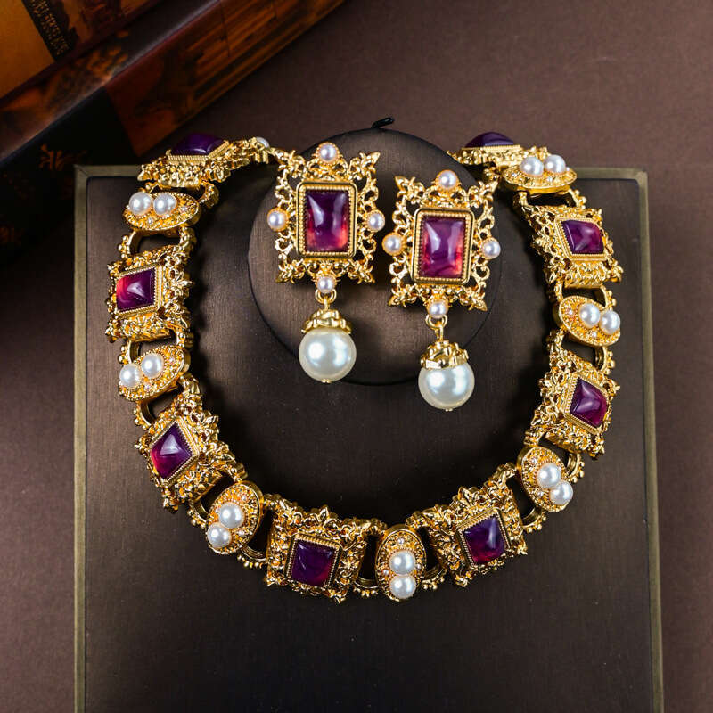 Luxurious Purple Crystal Pearl Necklace and Earrings Set Vintage Style Versatile Autumn Winter Women