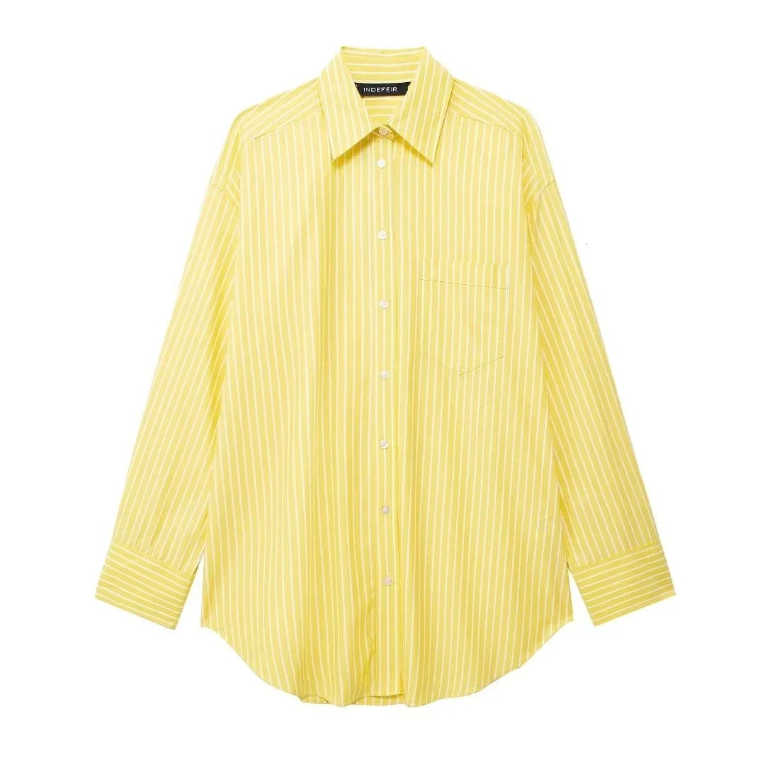 Women Yellow Stripe Blouse Pant Suit Loose Long Sleeve Shirt Drawstring Trousers Female Fashion Streetwear Outfits 250730