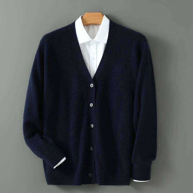 Autumn Winter New 100% Mink Cashmere Cardigan Men's V-Neck Tops Knitted Sweater Loose Large Long Sleeved Shirt Thickening Jacket MDNG