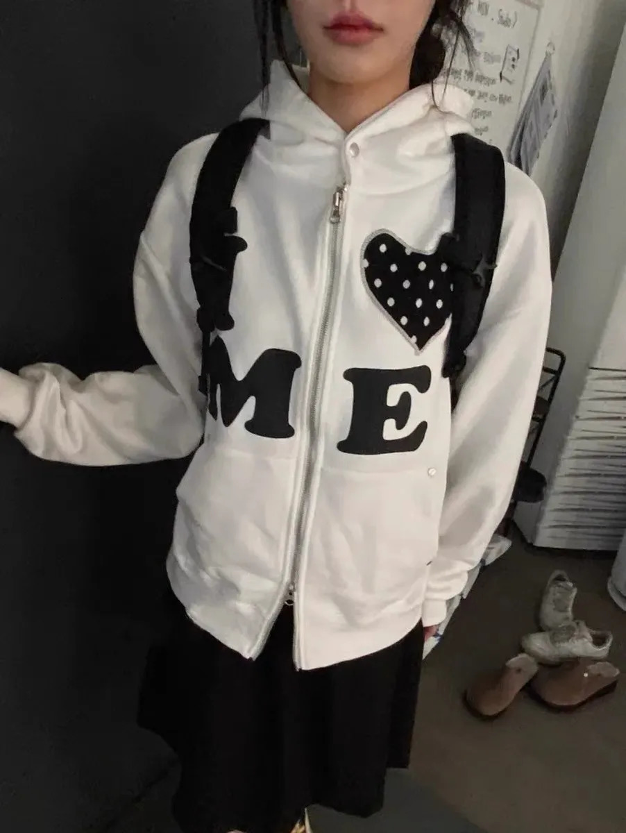 Light Colour Vintage Patch Double Zip Up Cardigan for Women Harajuku n Korean Style Letter Jacket Aesthetic Hoodies 250730