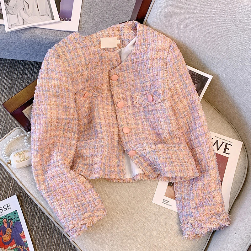 Women Pink Tweed Jacket Elegant Buttons Up Cardigan Coat Female Long Sleeve Tassel Office Outerwear Autumn Winter Chic Overcoat 250730