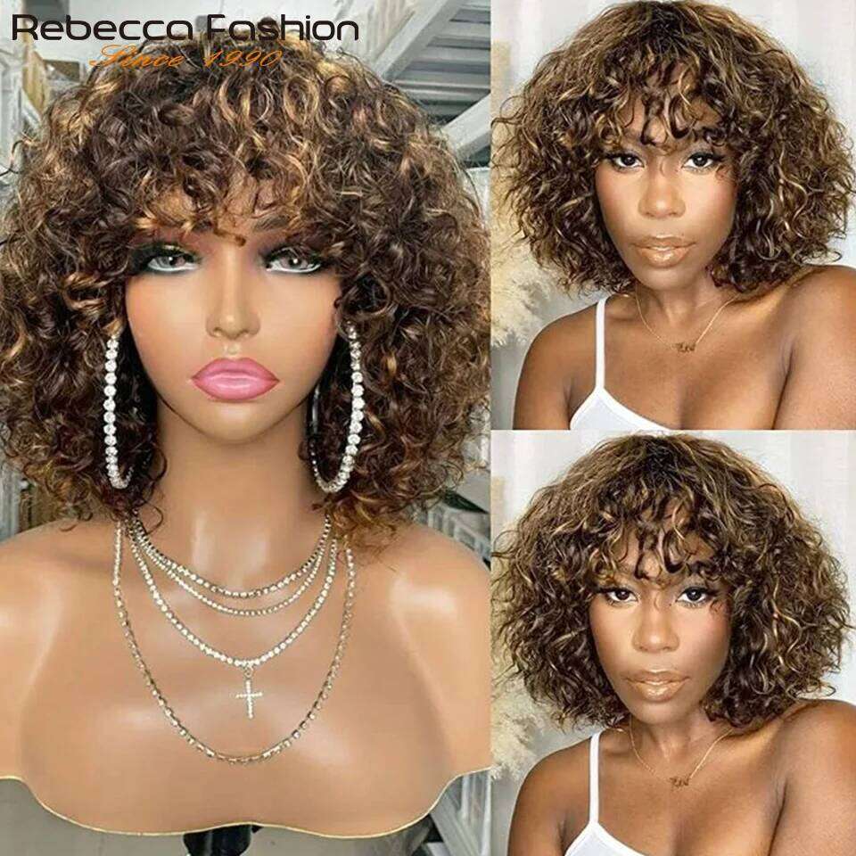Short Pixie Bob Cut Human Hair With Bangs Jerry Curly Full hine Wig Highlight Honey Blonde Colored Wigs For Women