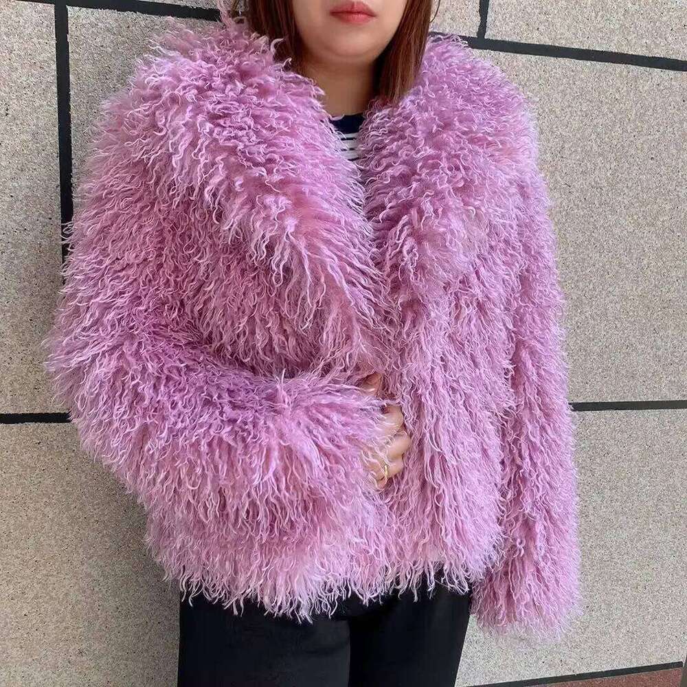 LHXDW Women's fake Mongolian fur coat with big collar, autumn and winter fashionable faux fur coat, beach wool jacket