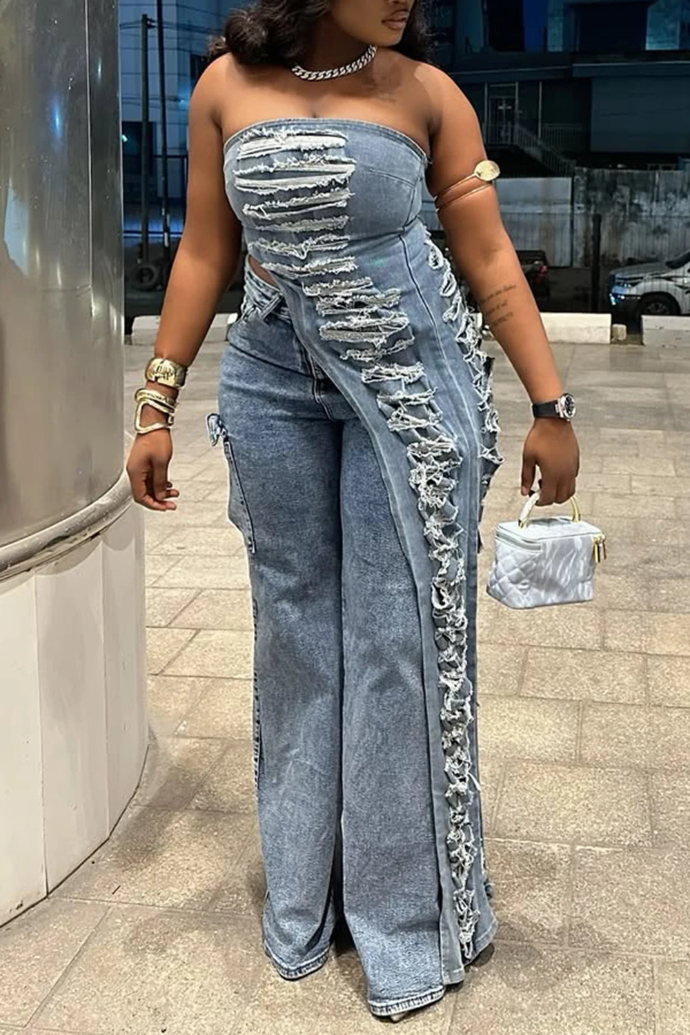 Plus Size Party Blue Asymmetric Hem Distressed Denim Two Piece Pant Sets 250730