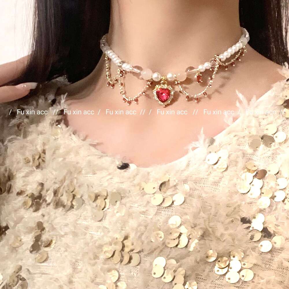French Baroque Necklace Lolita Heart Pearl Light Ring Ancient Style Hanfu Accessory Collarbone Chain 221