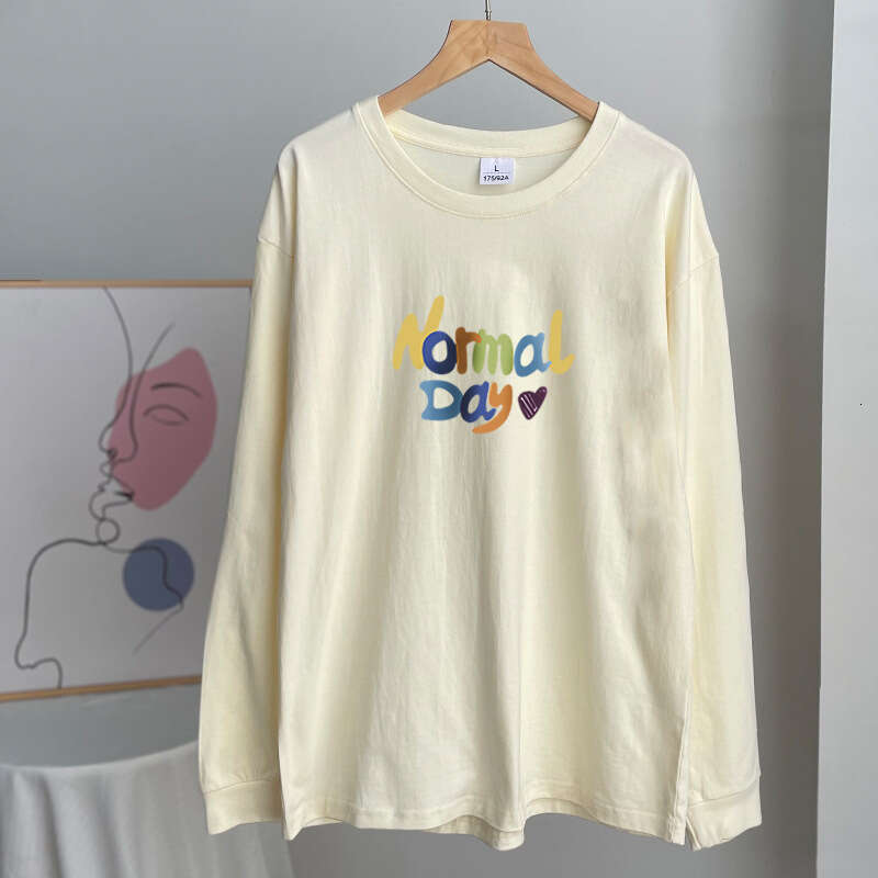 American Text Printed T-Shirt Women Round Neck Loose Cotton Long Sleeve Top 240G B5