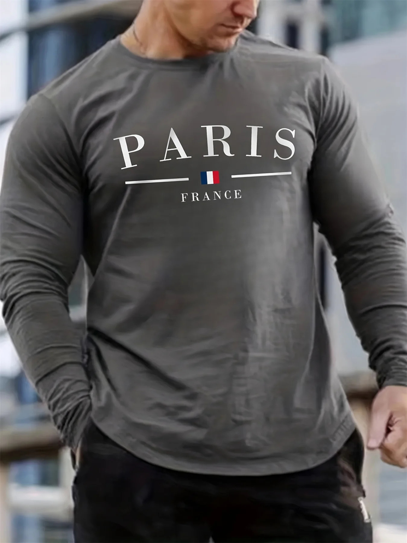 Mens 100% pure cotton comfortable casual loose oversized Paris France pattern printed round neck long sleeve Tshirt top 250729