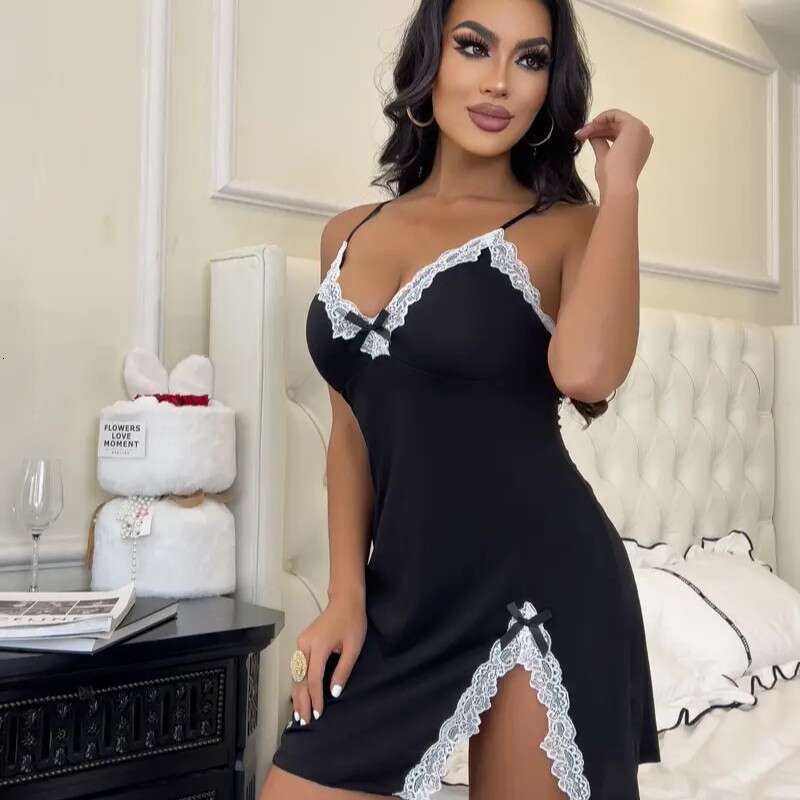 Black lace patchwork camisole nightgown sexy deep V-slit sleepwear skin friendly Modal home temptation short skirt