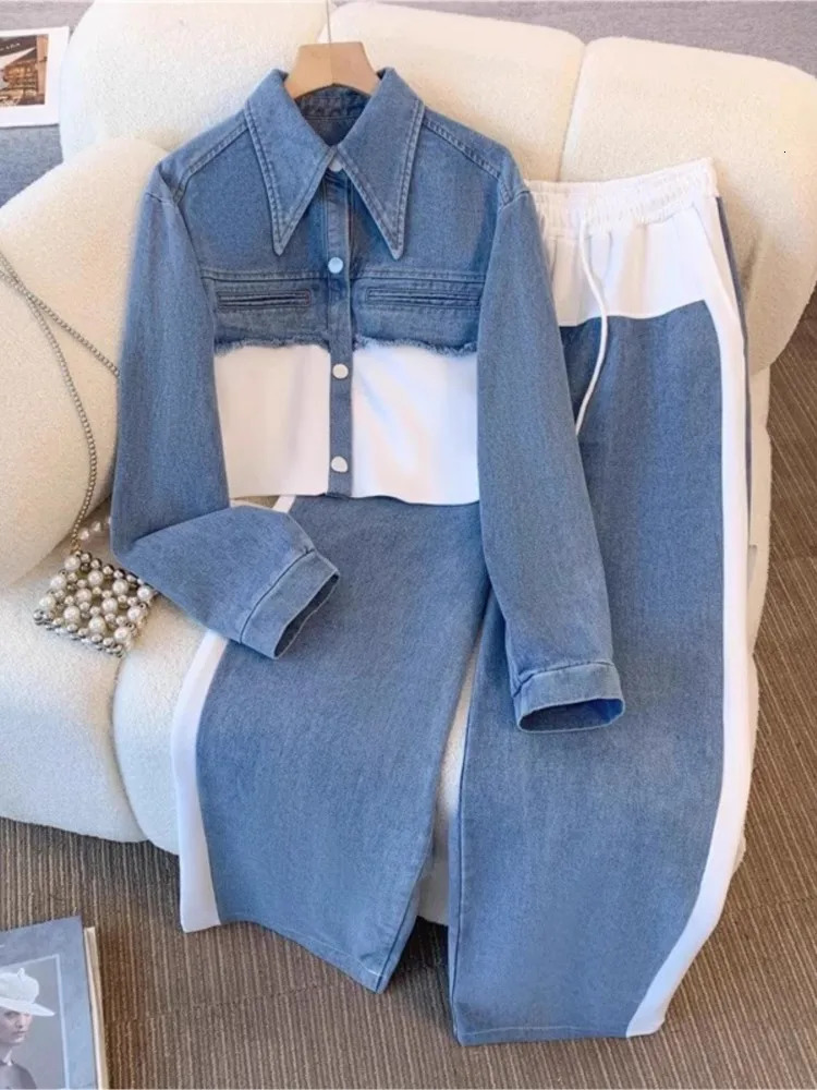Denim Patchwork Pants Sets Women Fashion Long Sleeve Singlebreasted Short Jacket Straight Trousers Two Piece Set Female 250730