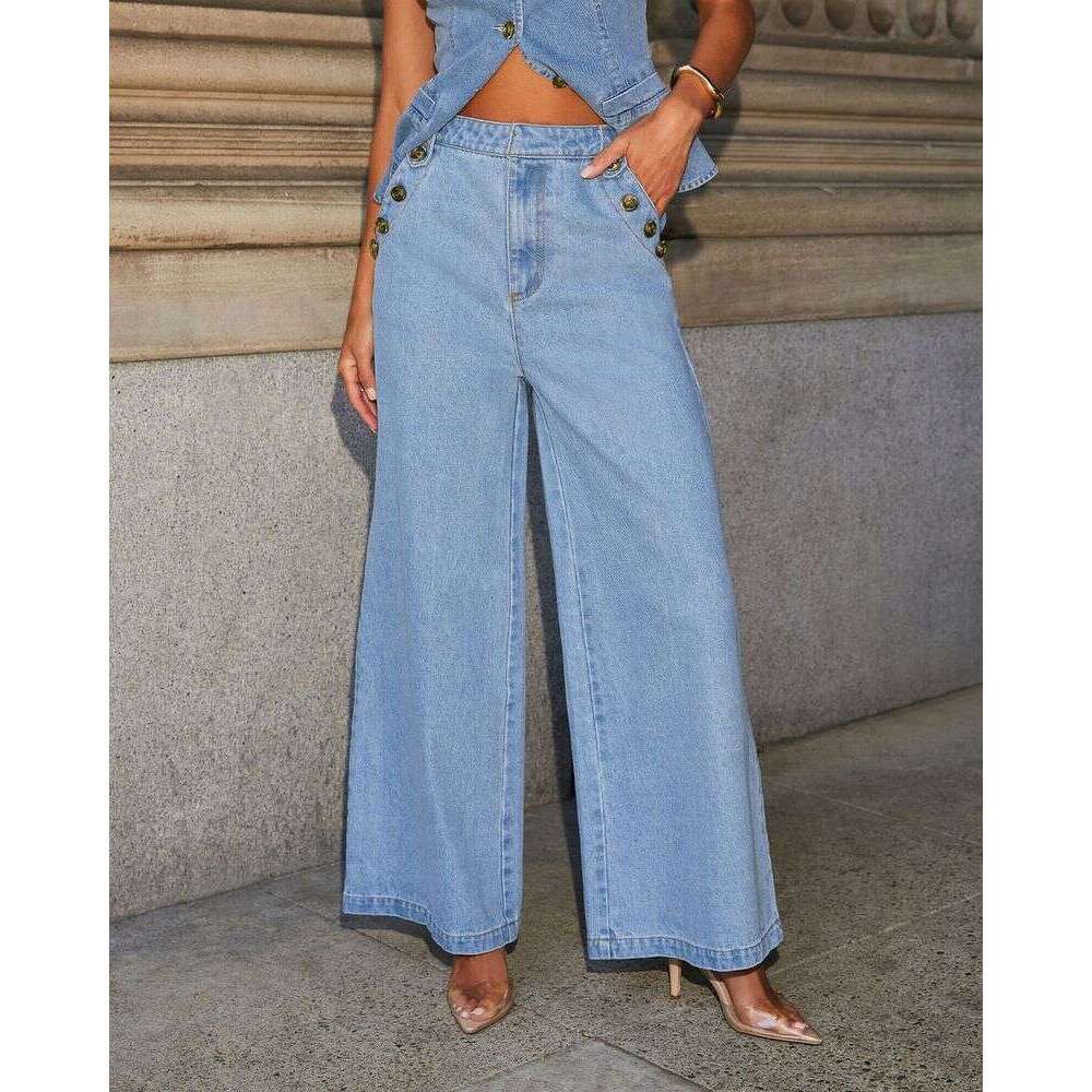 Women's Clothing Temperament Button Sleeveless Vest Wide Leg Jeans Denim Suit