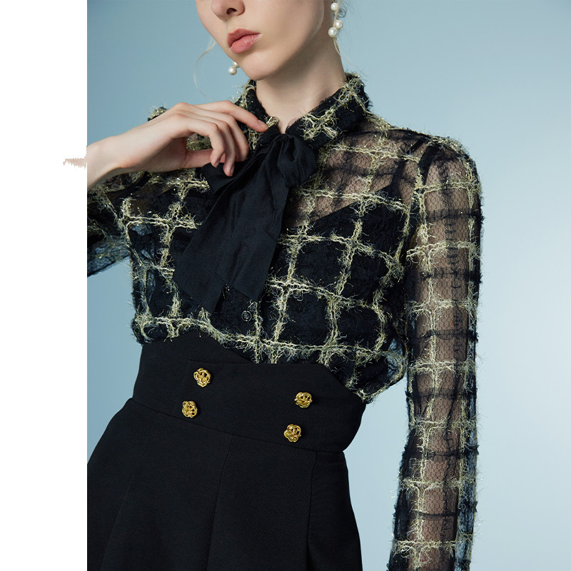 Womens Elegant Black Tops and Blouses Dressy Casual Lace Floral Blouse Women's Embroidered Mesh see-through Chanel Style Top Long Sleeve Shirts 6