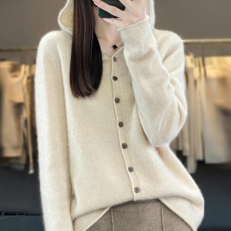 First Line 100% Merino Wool Knitted Cardigan Womens Autumn And Winter Hoodie Loose Sweater Fashionable Versatile Coat Top YC014 250730