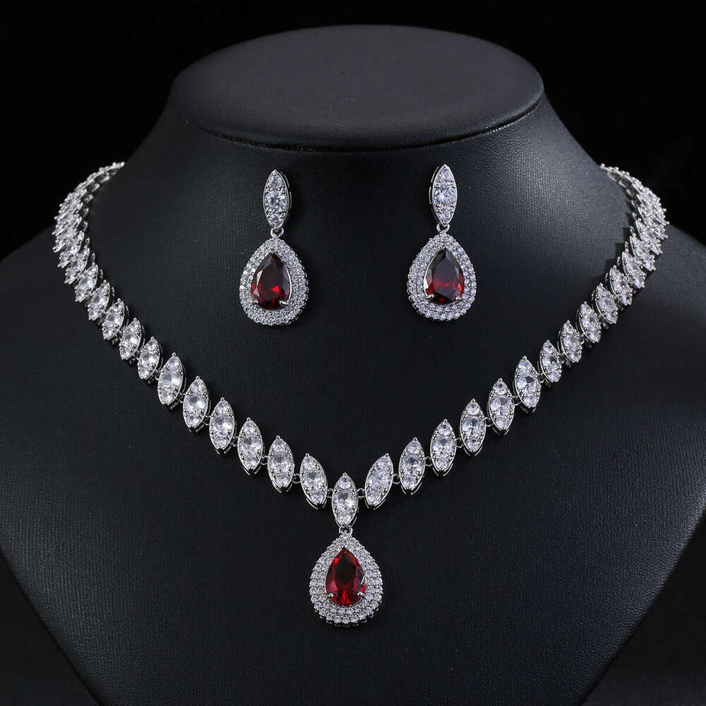 Hot-selling Multi-color Zircon Earrings Necklace High-grade Temperament Design Sense Water Drop Shape Evening Party Jewelry Set