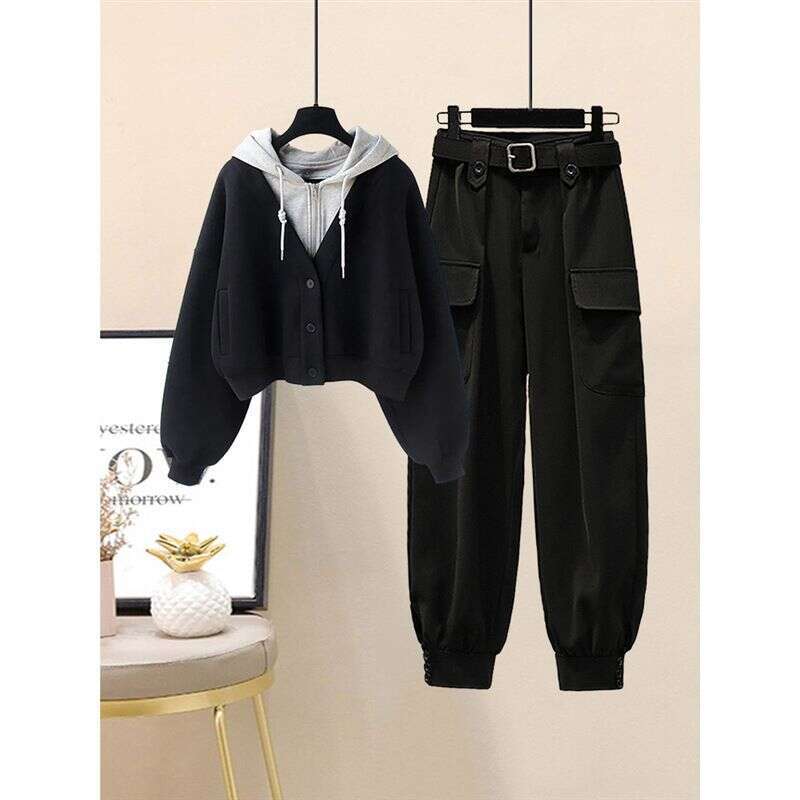 Women's Clothing Autumn And Winter For Women, Small Size, Design, Half Zip Sweater Jacket, High Waist Overalls, Fashionable Two Piece Suit