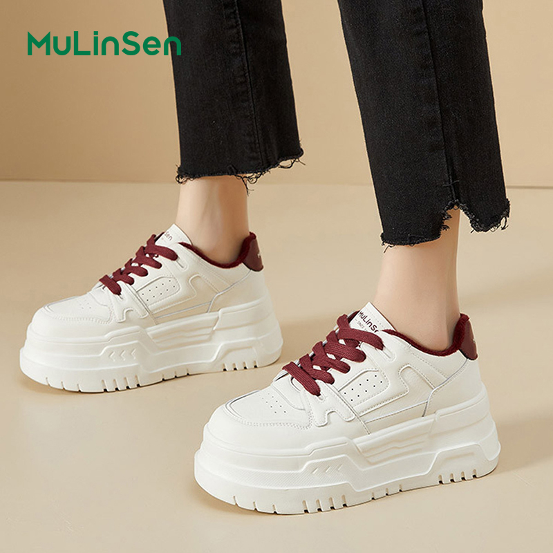 Mulinsen thick-soled white shoes for women 2025 four seasons new versatile casual sports genuine leather platform shoes small size sneakers