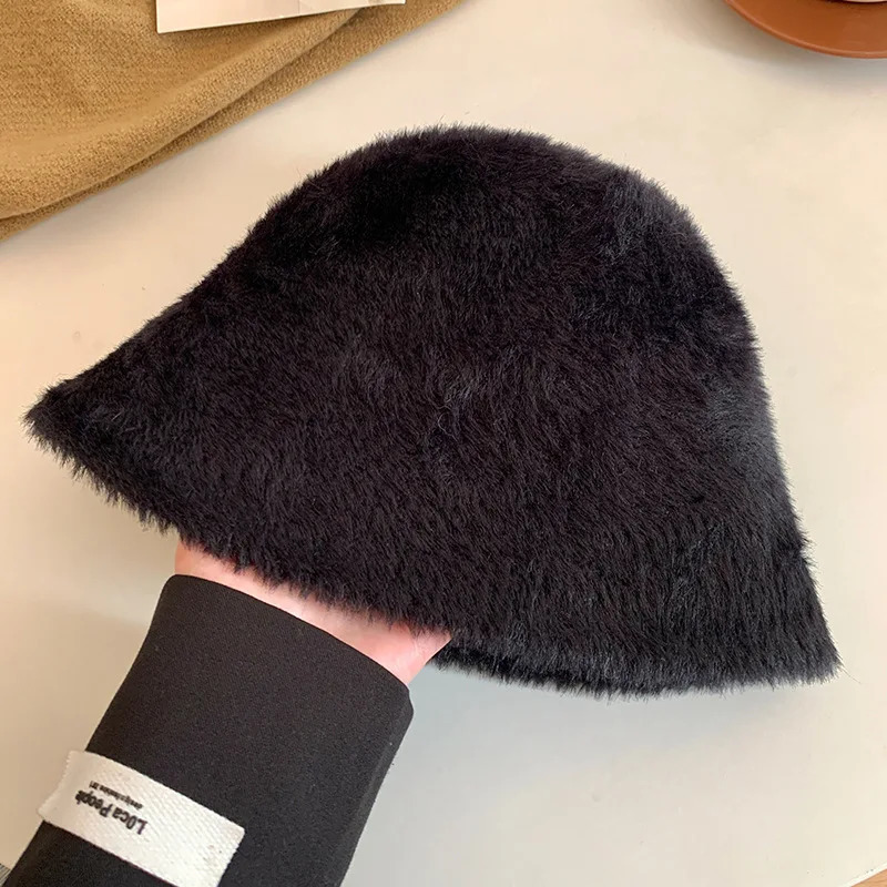 Korean Elegant Artificial Rabbit Fur Bucket Hat Women Autumn Winter Warm Thickened Fisherman Hat Panama Plush Basin Hat Lady Cap 250724