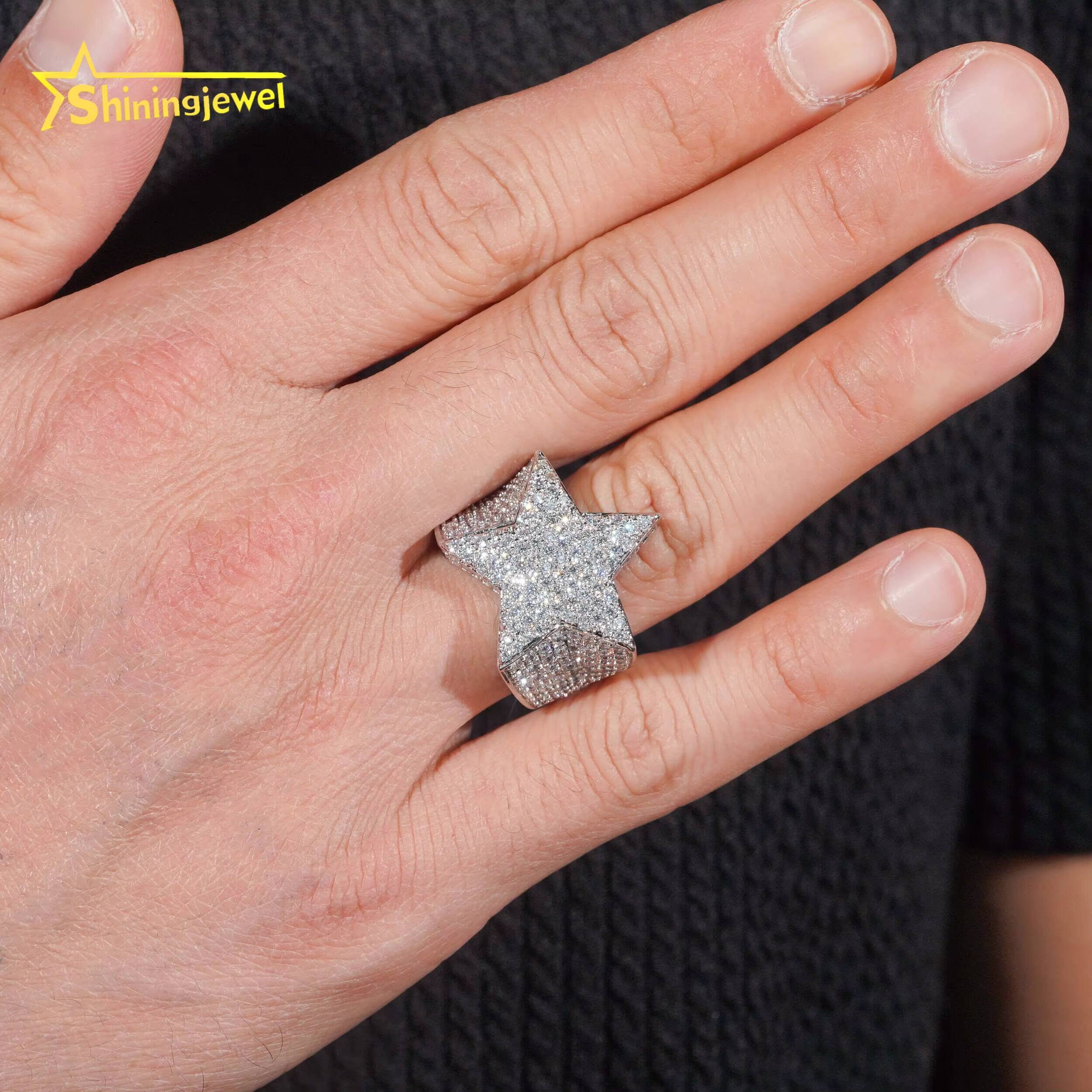 Pass Diamond Tester Rapper Hip Hop Jewelry Solid 925 Sterling Silver Iced Out Diamond Moissanite Ring Star Rings