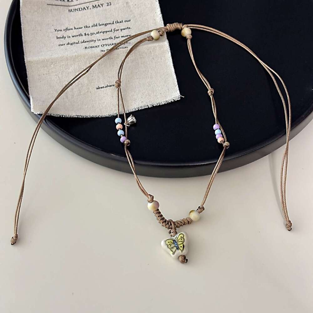 Cartoon Ins Oil Drop Cute Ceramic Puppy Butterfly Braided Rope Long Necklace for Women Unique and Adorable Pendant abc