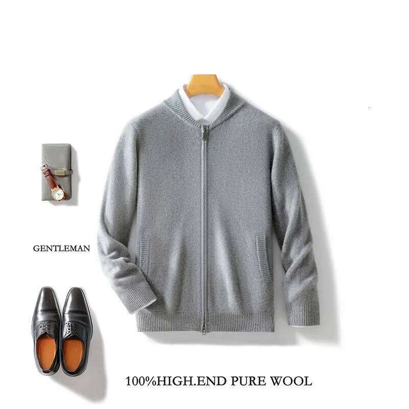 Men's 100% Merino Wool Sweater Knitted Zippered Cardigan Cashmere Thickened Jacket Long Sleeve Stand Collar Tops, Autumn, Winter MDNG