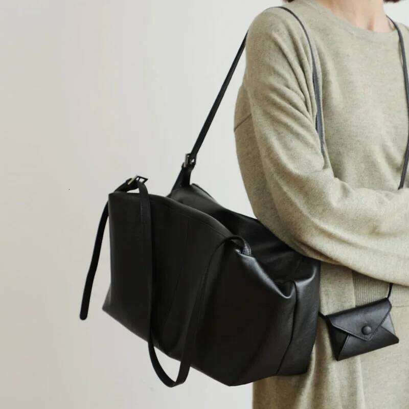 First layer cowhide shoulder 2025 new niche leather capacity lazy style high-end women's one-shoulder large tote bag