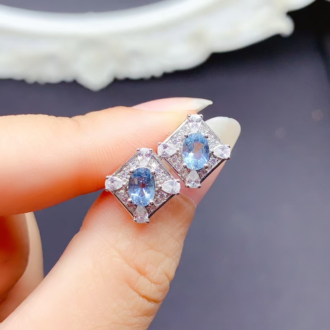 Natural Aquamarine Stud Earrings 4mm*6mm Light Blue Aquamarine Earrings allergy free 18K gold plated silver jewelry