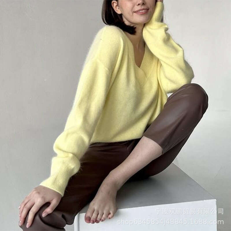 Autumn Winter Super Soft V-Neck Imitation Mink Women, Lazy Style, Elegant Loose Knitted Sweater For Women B5