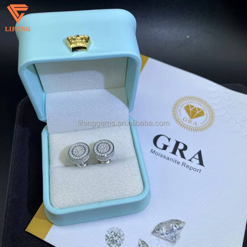 Luxury White Gold Plated VVS GRA Brilliant Cut Hip-hop Style Iced Moissanite Diamond Stud Earrings for Men