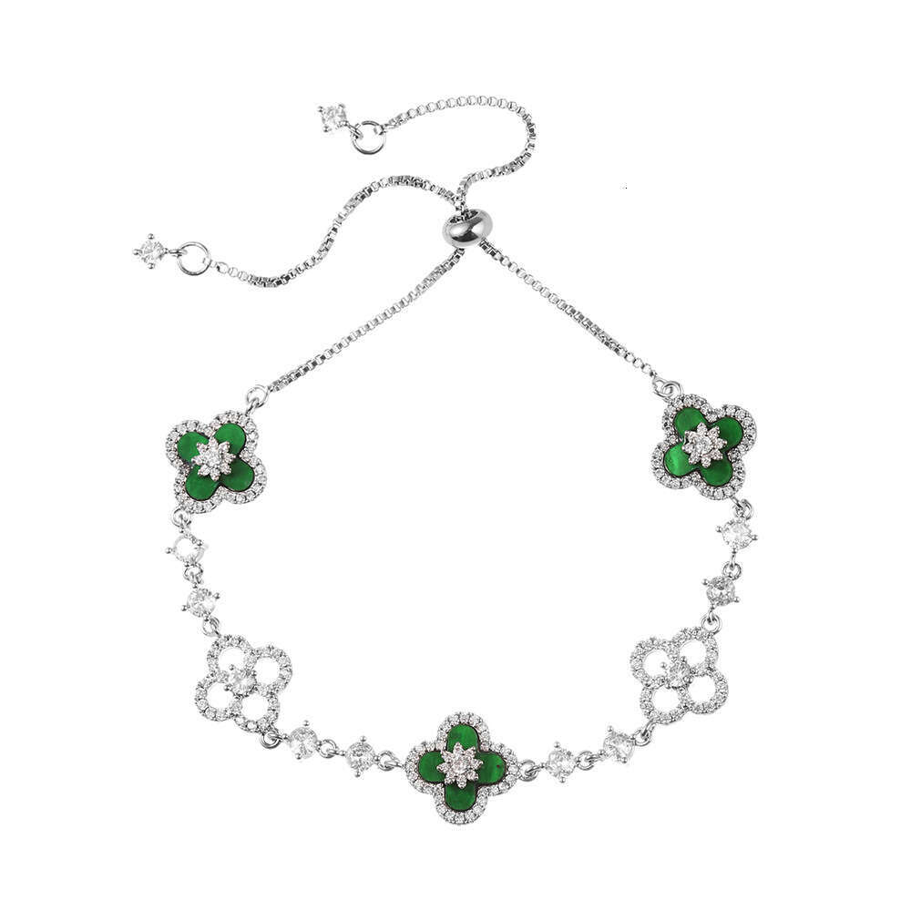 Sier Lucky Red Four-Leaf Flower INS Style Copper Gold-Plated Pull Necklace Bracelet Set