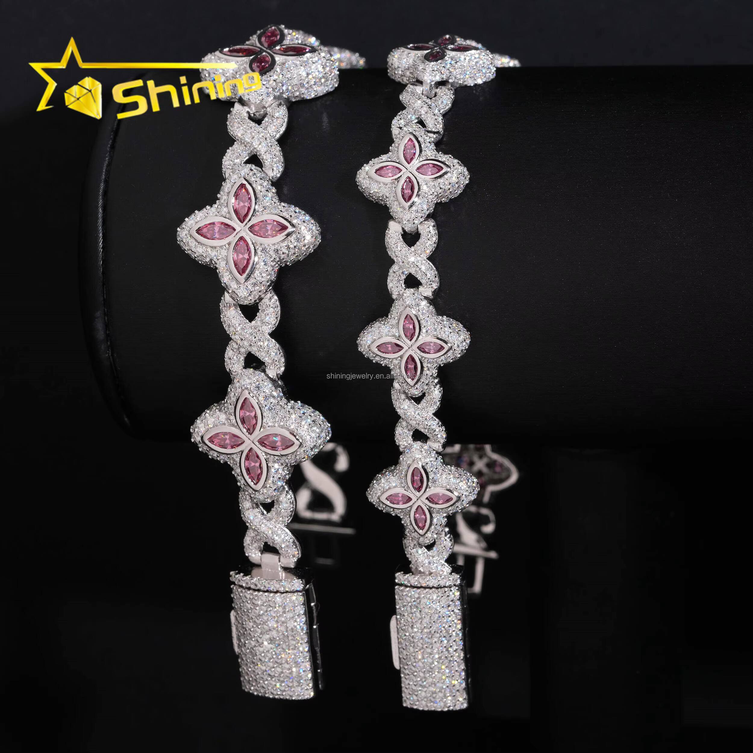 Unique Design Marquise Design Rapper Luxury Jewelry Hip Hop Pink Color Moissanite Iced Out S925 Silver Cuban Clover Bracelet
