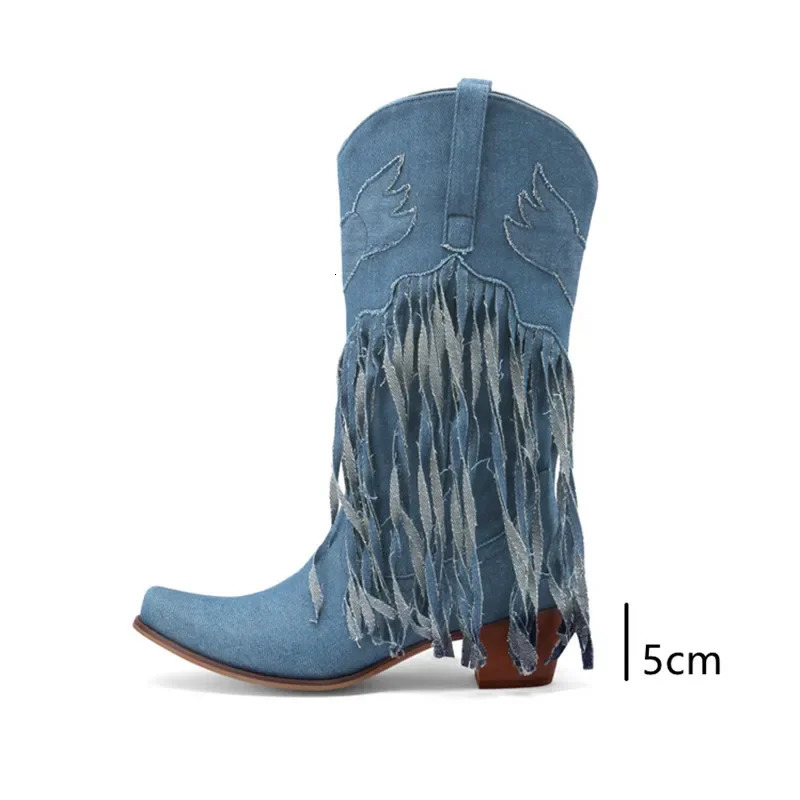 LeShion Of Chanmeb Big Size 45 Women Blue Denim Jean Cowboy Boots Mid-calf Tassel Block Heels Western Boot Cowgirl Fringed Shoes 250729