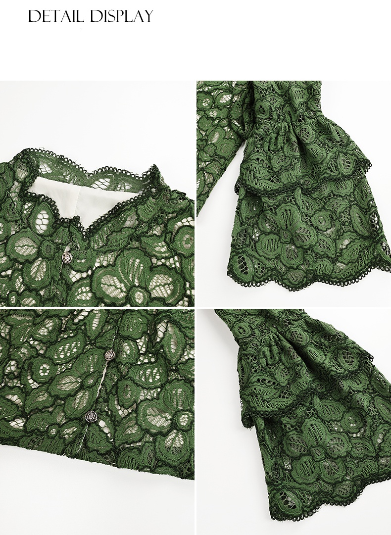 2025 Green Lace Long Flare Sleeves Floral Mesh Short Jackets Going Out Tops for Women Fashion Fall Evening Wear Stand Collar Lace Women Outfits 611229