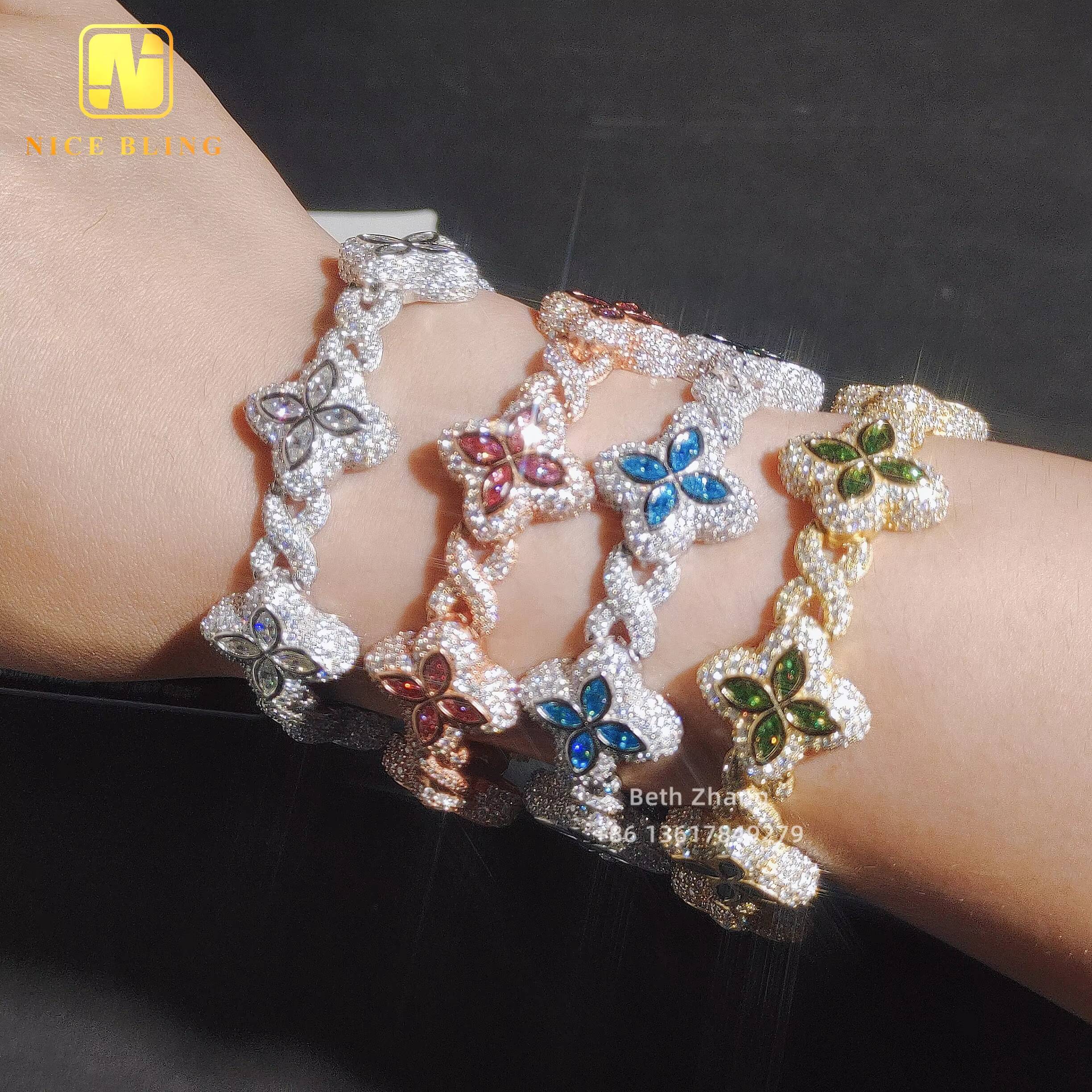 New Arrival Colorful Natural Gemstones Cuban Link Bracelet Fashion Hip Hop Jewelry Silver Marquise Moissanite Cuban Bracelet