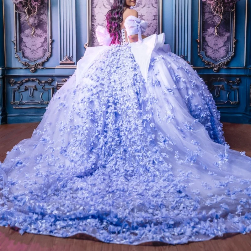 Blue Shiny Quinceanera Dresses Off The Shoulder Applique Flower Beading Crystal Tulle Vestidos De 15 Anos Sweet 16 Dress