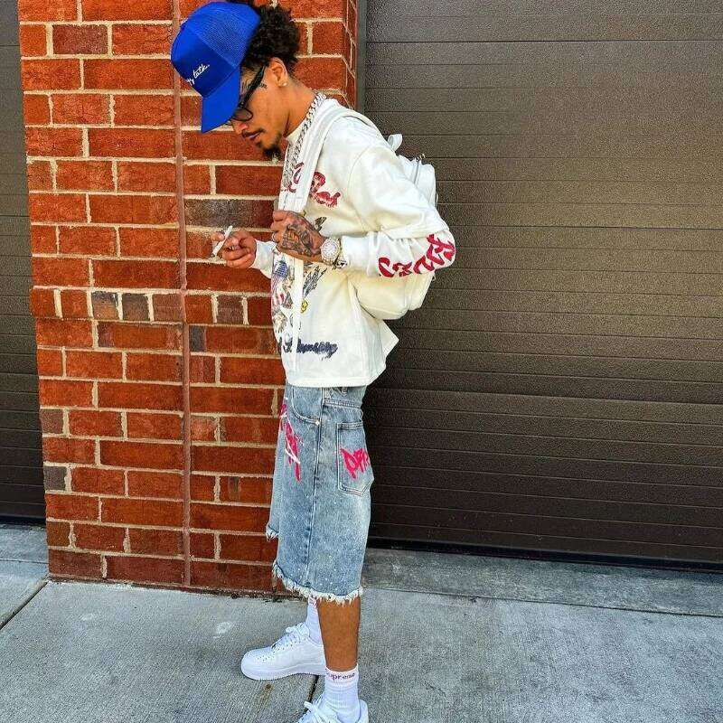 Y2k Graffiti Jorts Rhinestone Distressed Printed Denim Shorts Men Women Trend Retro Hip Hop Streetwear Unisex Baggy Short Pants