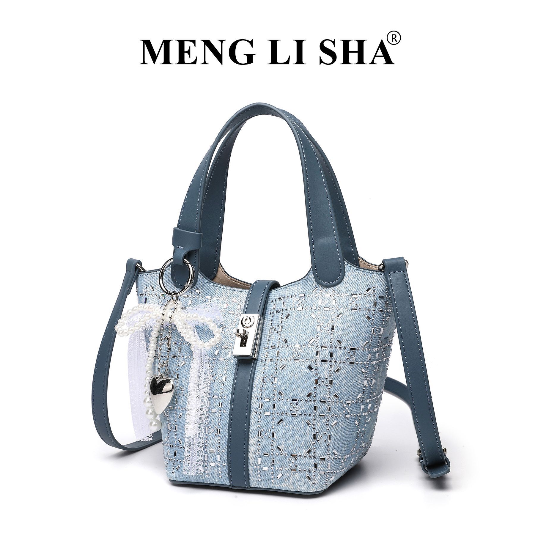 2025 New Niche Fashion Denim Diamond-Embellished Handheld Basket for Women Simple Versatile Shoulder Crossbody Bucket Bag ddmymoon