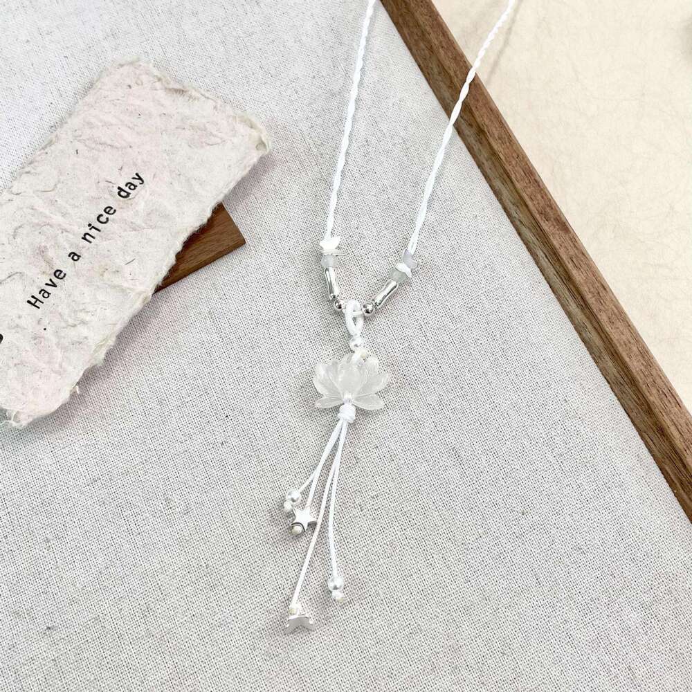 New Chinese Style Braided Rope Agate Lotus Tassel Necklace for Women, Niche Elegant Versatile Fashion Necklace, Collarbone Chain 4ab