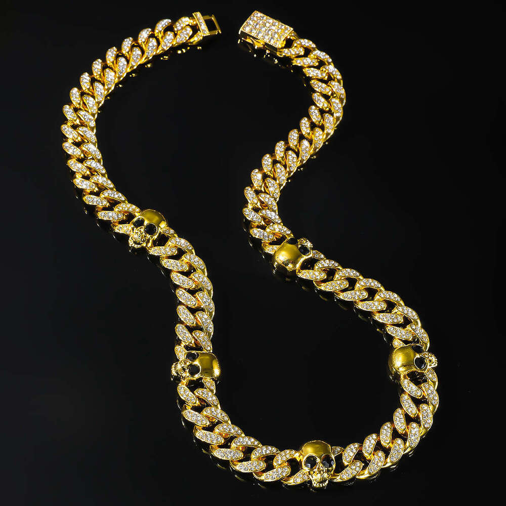 Hip-Hop Exaggerated Personality Full Dia Alloy Skull Cuban Chain Fashion Trendy Decorative Necklace