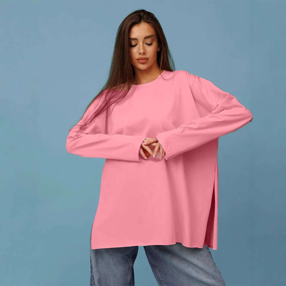 Spring And Autumn New Style Long Sleeve T-Shirt For Women, Pure Cotton, Loose Fit, Patterned, Split Knit Top, Wine Red B5