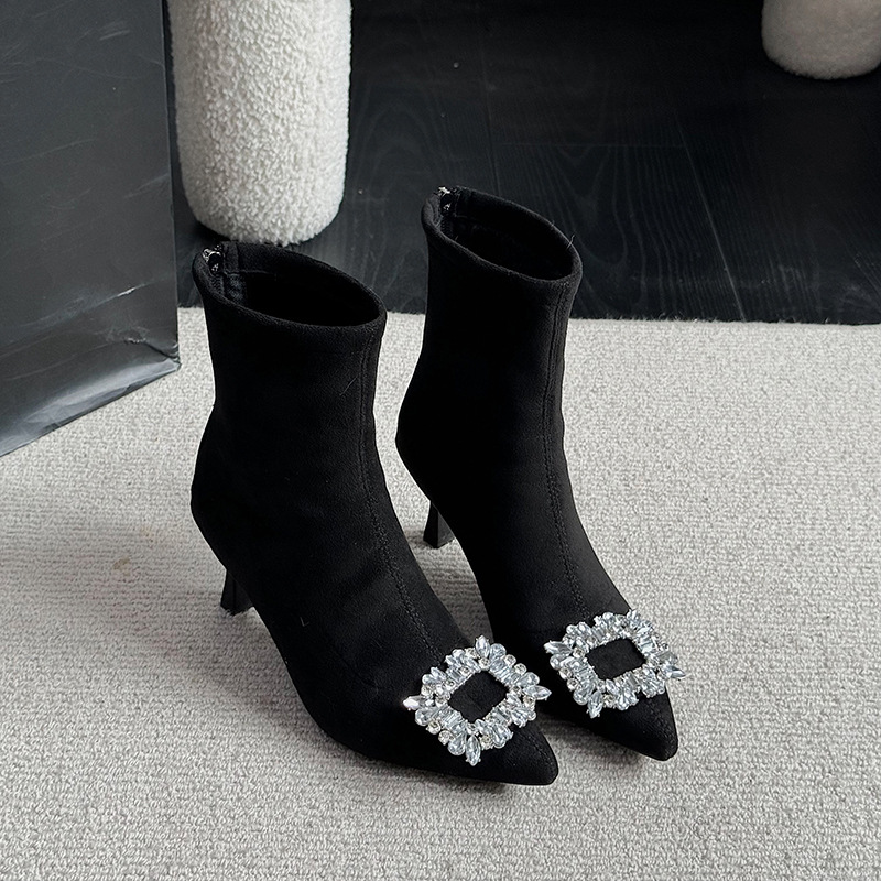 Thin Pointy Black Short Female Thin Autumn-Winter New Style Rhinoceles Square Buckle All Build High Heel Stretch Boots 2025